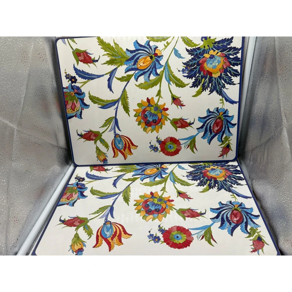 Williams Sonoma Iznik Floral Hardmat Placemats Blue Red Yellow Cork Back Set 2